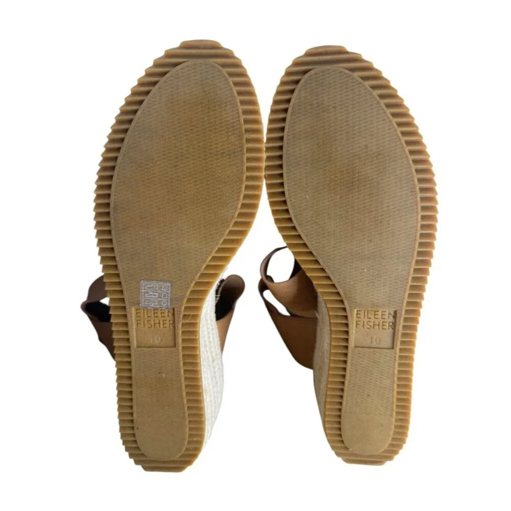 Eileen Fisher Willow Tumbled Leather Wedge Espadrille size 10M Honey Tan Sandals